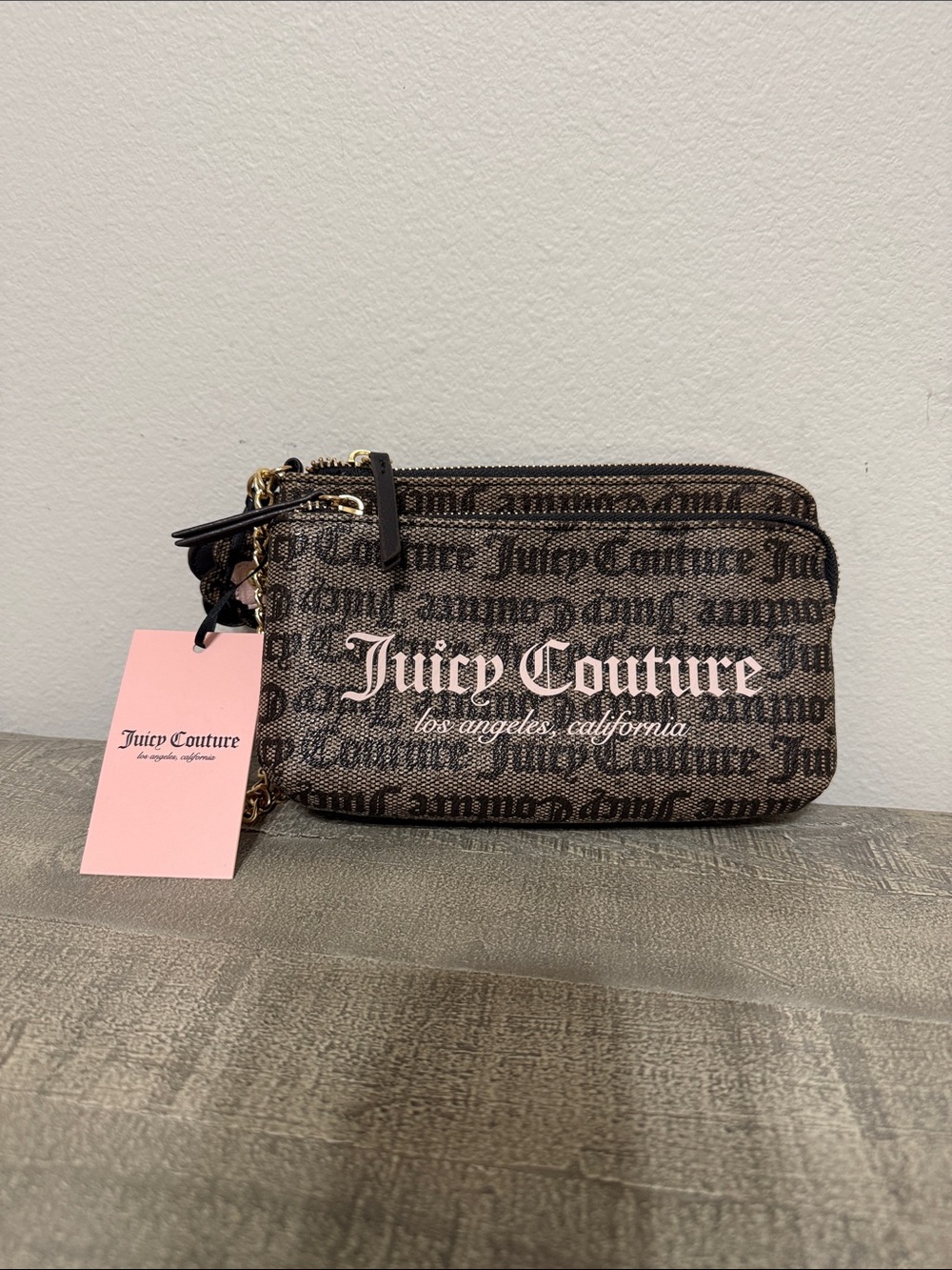 Juicy Couture Brown and Black Logo Double Zip Wristlet